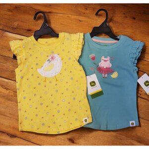 John Deere Girls Sz 3T Ruffle Short Sleeve Shirts (2) Yellow Blue Spring NWT